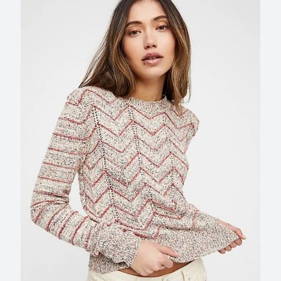 Free People Brown Orange Long Sleeve Zig Zag Pullover Sweater Women Size Small - Picture 1 of 9